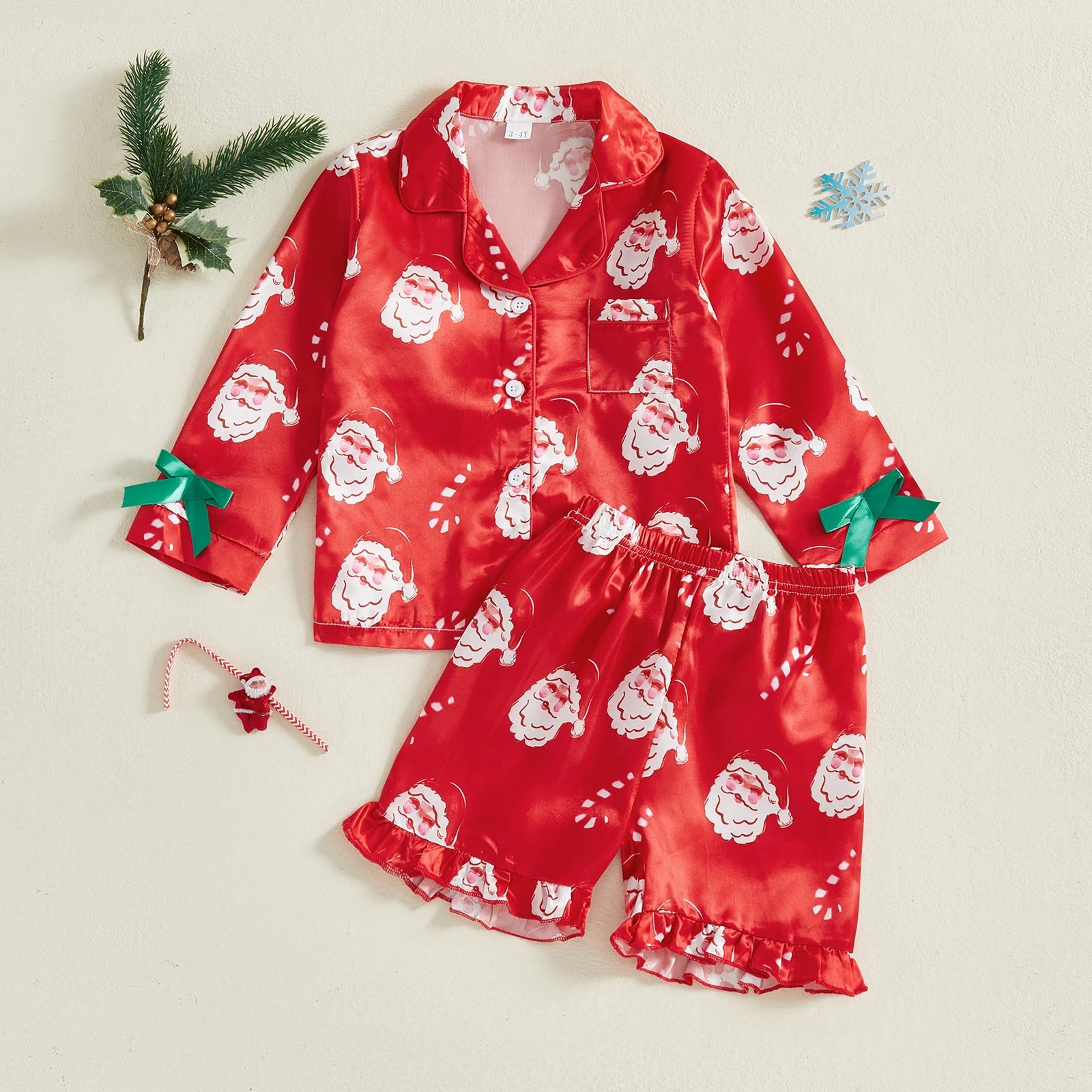 

Kids Girls 2Pcs Christmas Satin Pajamas Bow/Santa Print Long Sleeve Lapel Button Down Shirt + Shorts Set Toddler Loungewear