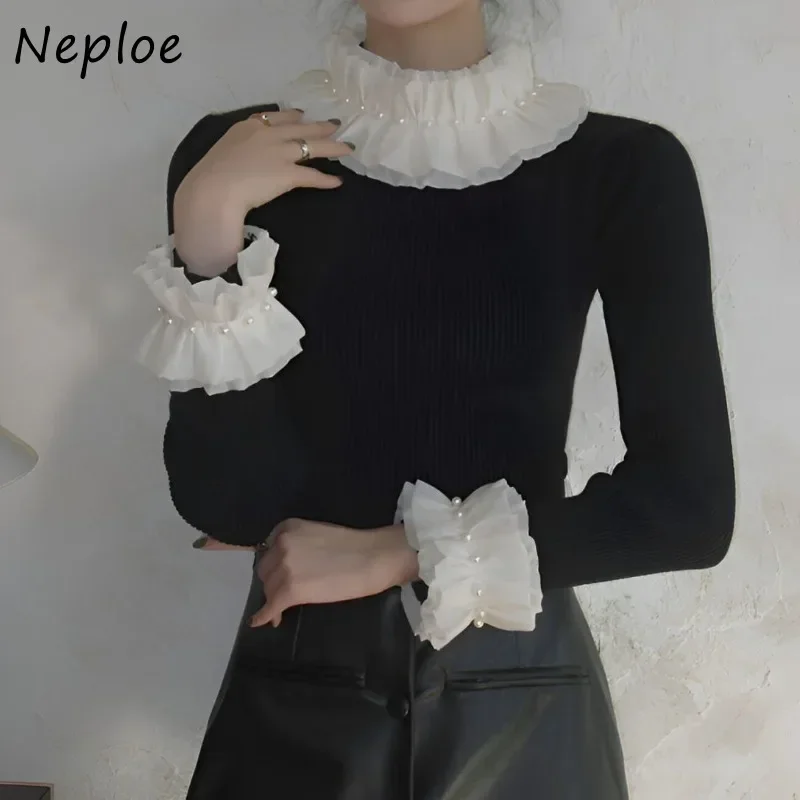 Neploe Elegant Gentle Half-high Collar Beading Pullovers 2024 Autumn New Slim Fit Tops Women Long Sleeve Black Sweater Mujer