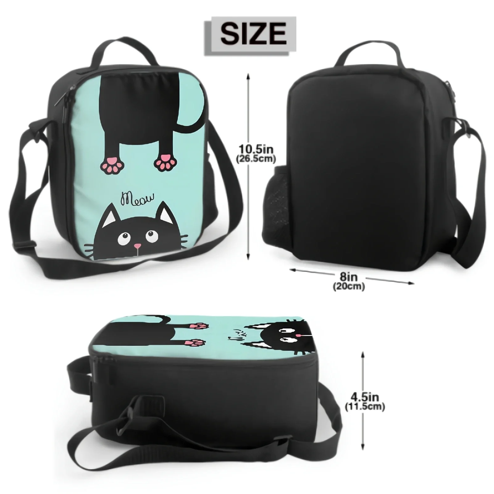 Black Cat Looking Up Insulated Lunch Bag for School Work Picnic Funny Face Head Silhouette Tote Lunch Box Containers Cooler Bag