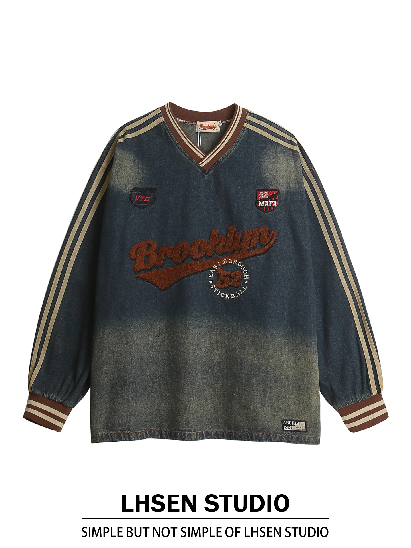 Retro American Towel Embroidery V-neck Sweatshirt Women's Loose BF Style Washed Outdated Denim Top Autumn Lazy Street Style