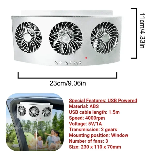 Auto-afzuigventilator 3-kops koelventilator USB-aangedreven auto-luchtreiniger Radiatorventilator Vensterventilatie Koele ventilatie Interieuraccessoires