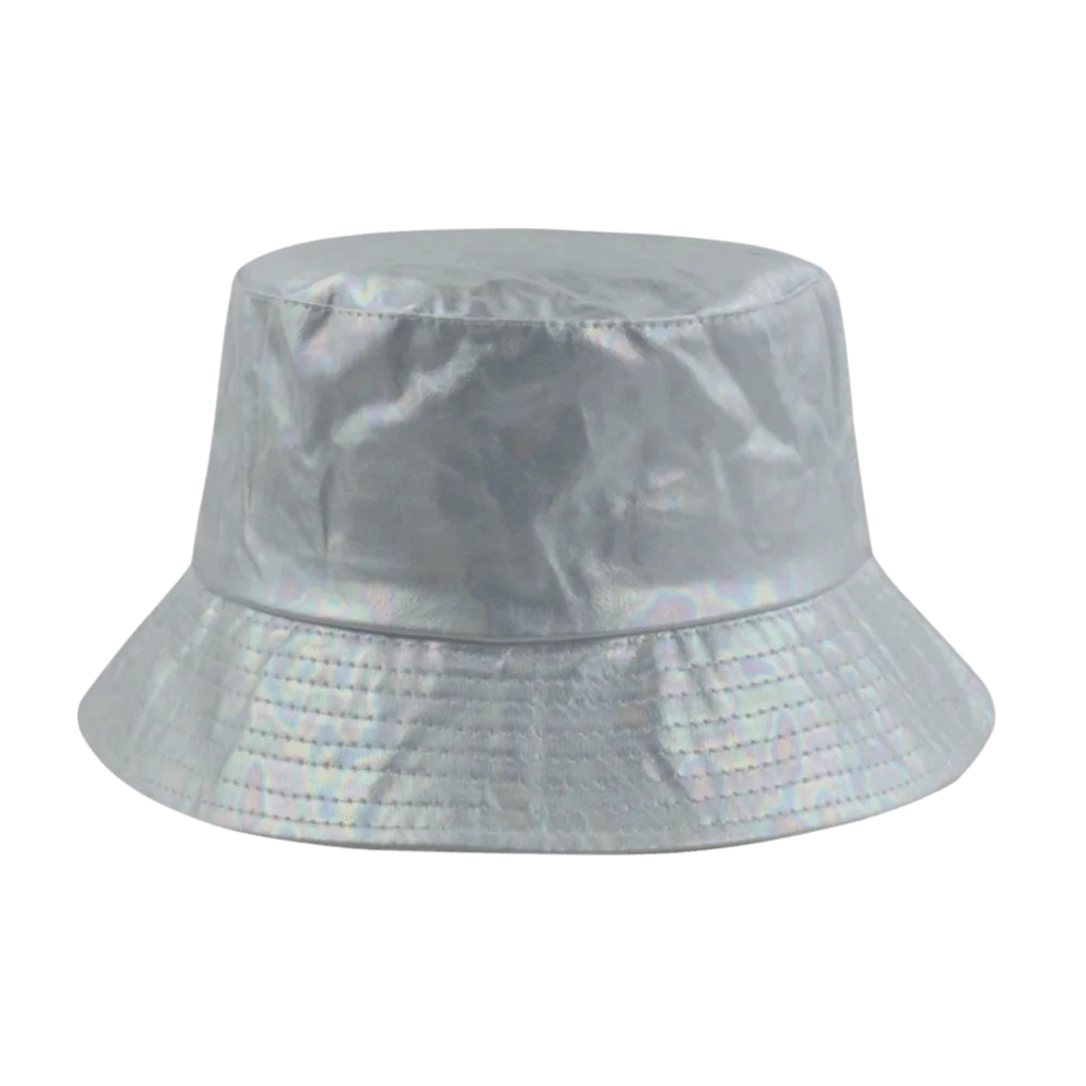 

High Quality Leather Luminous Bucket Hat Single Sided Wide Brim Laser Rainbow Fisherman Hat Silver Gold Shiny Sun Cap Sunshade