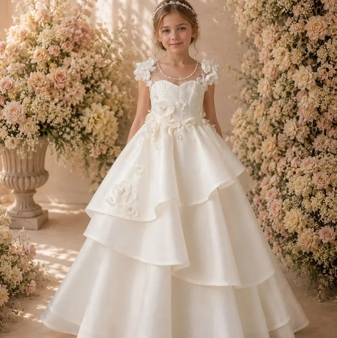 Maßgeschneidertes Prinzessinnenkleid für Blumenmädchen, Großhandel, für Hochzeiten, mit floralen Applikationen, bodenlang, aus Tüll, für die Erstkommunion, Festzug – Detail 4