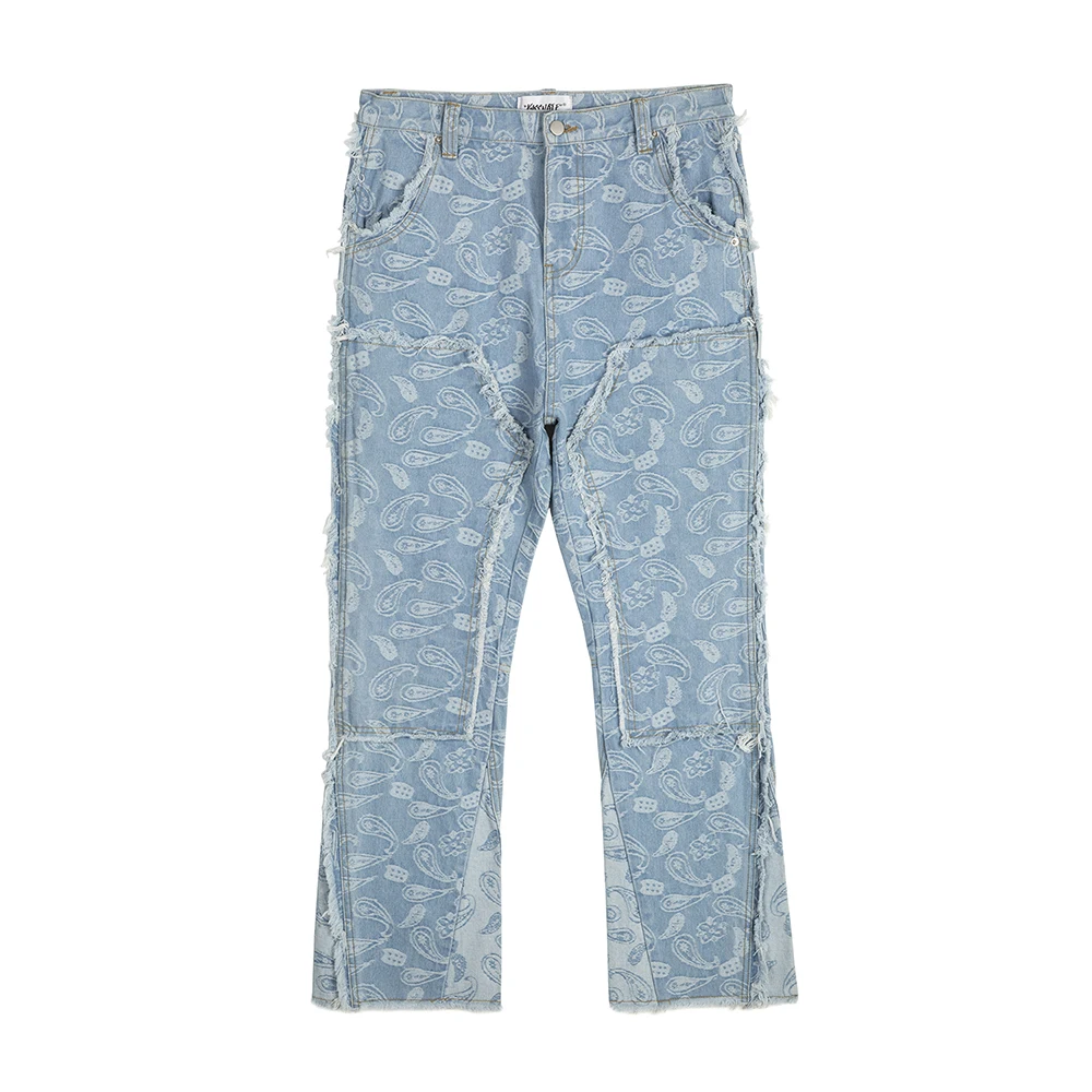 Y2k ausgefranste städtische Cashew blume Voll druck Patchwork Baggy Flare Jeans für Männer gerade Pantalones Hombre Overs ize Denim Hose