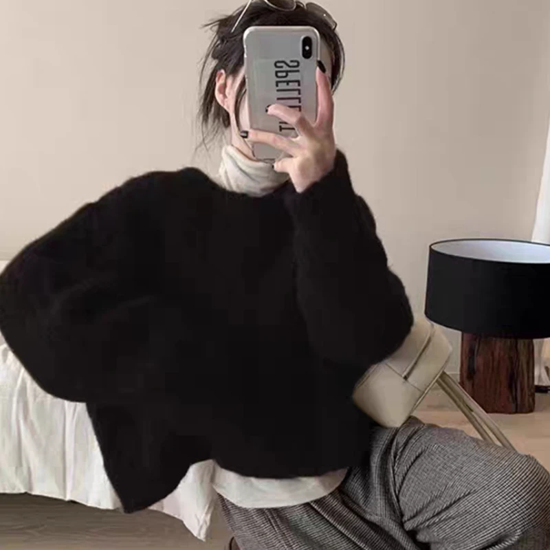 2025 herbst Winter Frauen Lange Ärmel Einfarbig Oansatz Pullover Sweatr Herbst Elegante Casual Koreanischen Stil Lose Gestrickte Top