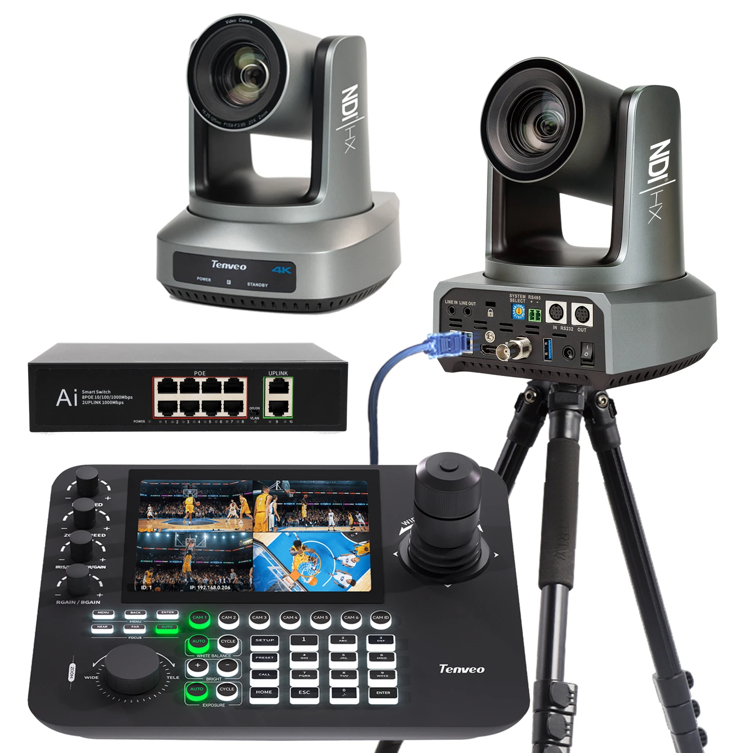 2Pcs 20x Zoom 4K 60fps NDI PTZ Conference Camera AI Auto Tracking Camera+KB300PRO PTZ Camera Keyboard Controller