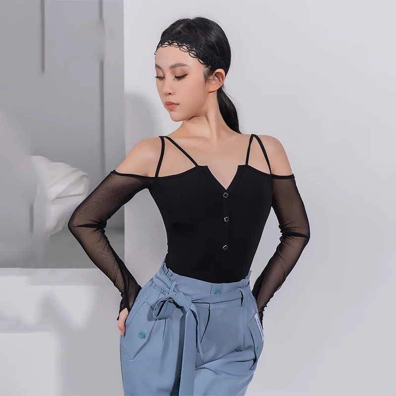 Ropa de baile latino para mujer, body con mangas de malla y hombros descubiertos, Tops latinos para adultos, ropa de práctica de salón de Cha Rumba BL7872