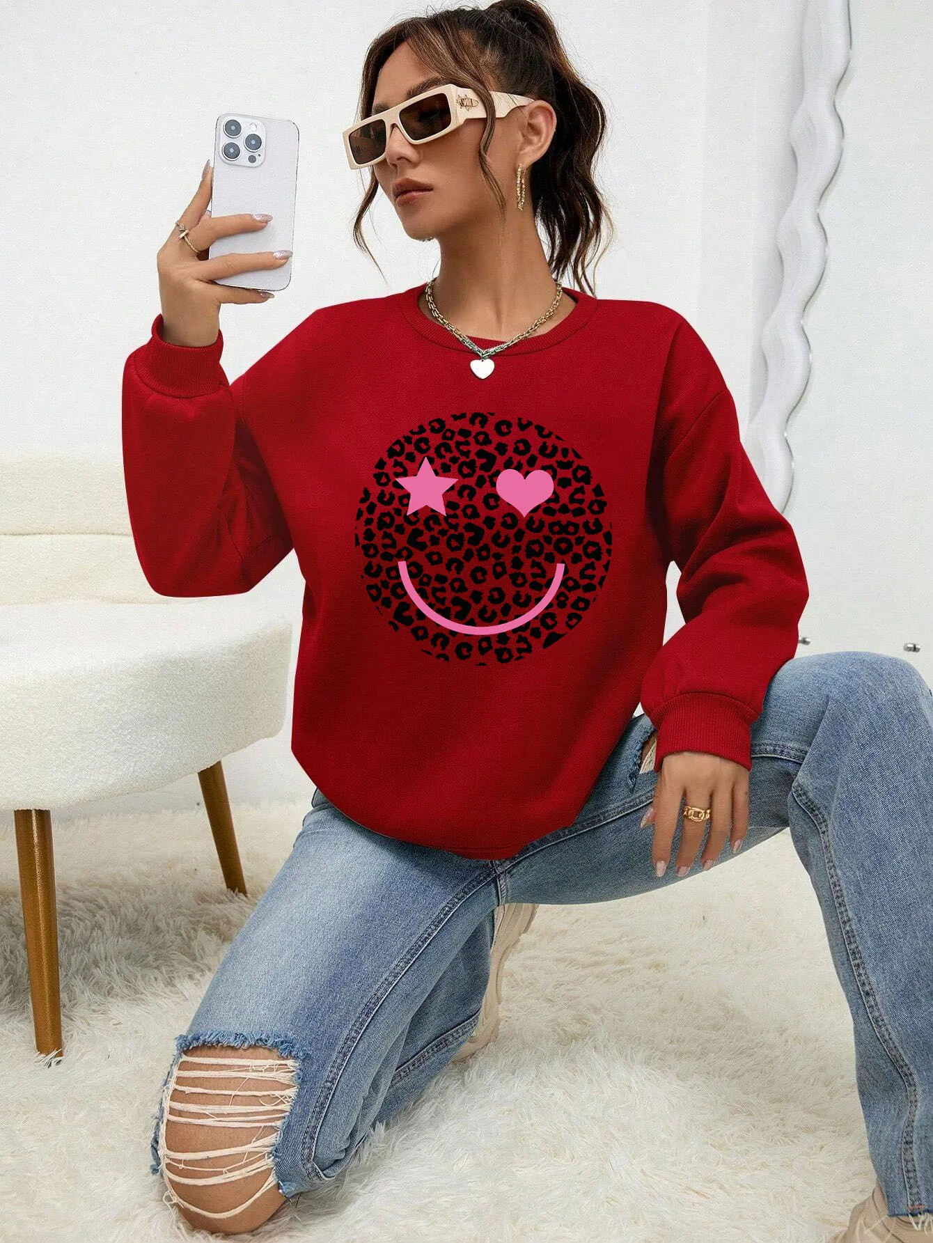 Leopard Print Smile Face Love  Printed Sweatshirt Womens Autumn Soft Hoody Fleece Warm Hoodies Street All-Match Female Pullover