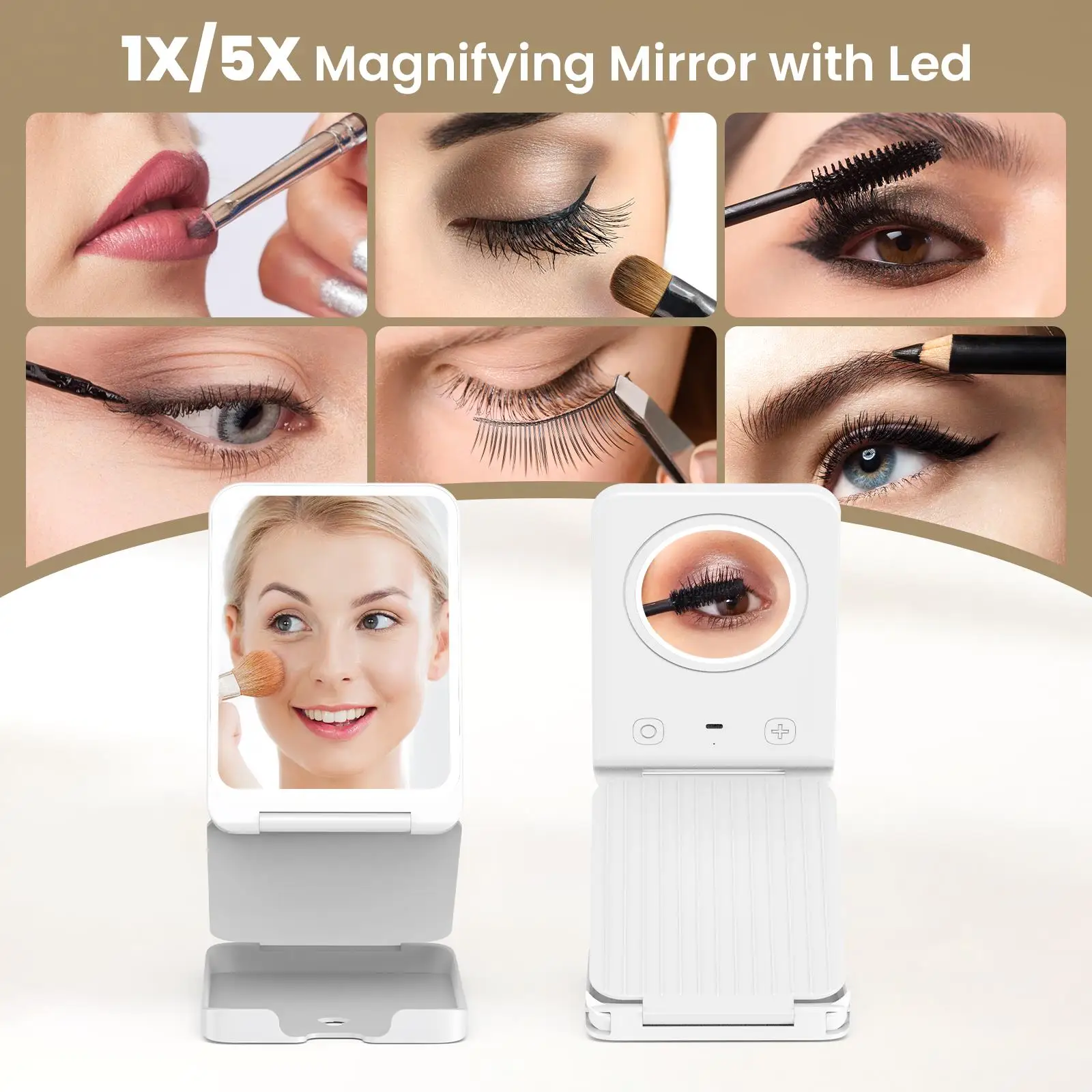 Rechargeable Portable Travel Makeup Mirror - 5X Magnification, 3 Light Colors, Height & Angle Adjustable