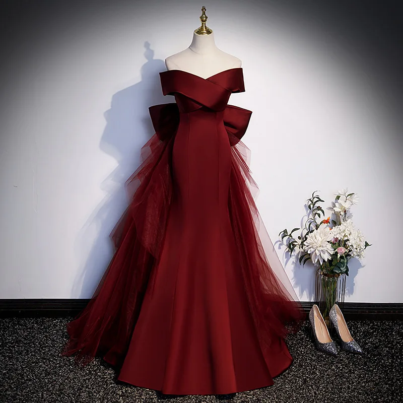 Burgundy fishtail evening dress for women, one shoulder light wedding dress for annual meeting