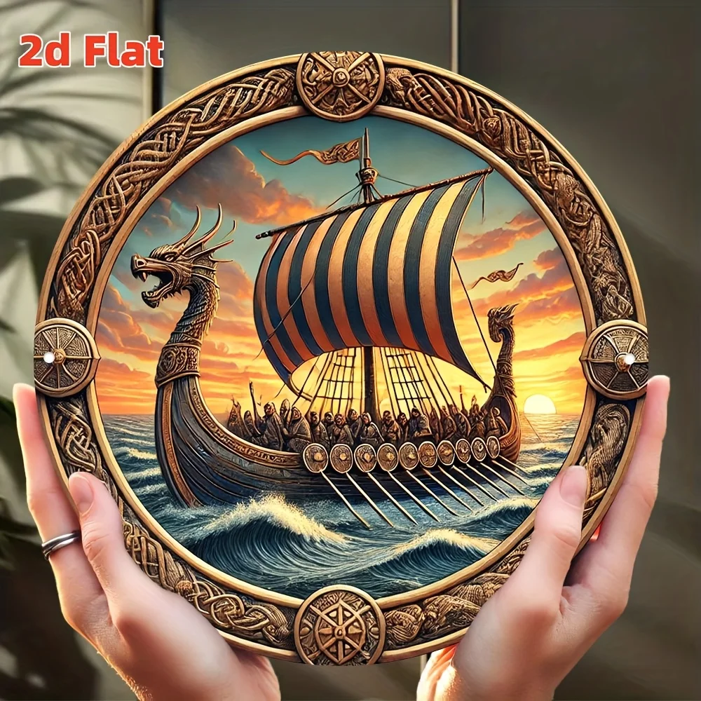 2D Flat Viking Ship & Dragon Round Aluminum Wall Art, 7.8 Inch Durable Metal Decor, Intricate Nordic Design for Home Garden Bar