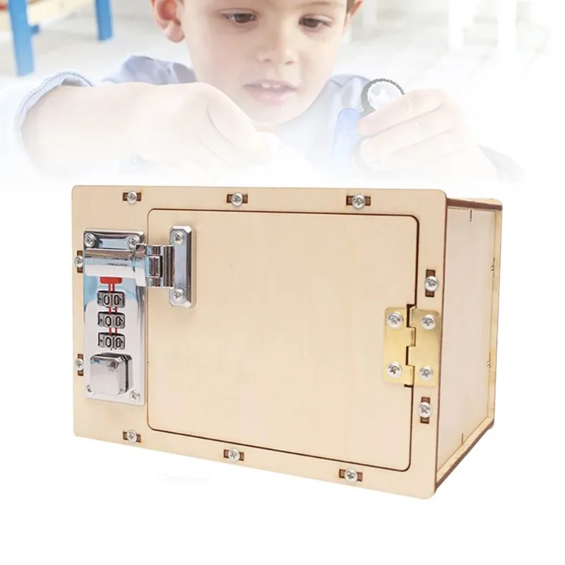 DIY Wooden Password Box for Kids Assembling Manual Machine Code Box Mechanical Combination Lockbox Science Toy for Children