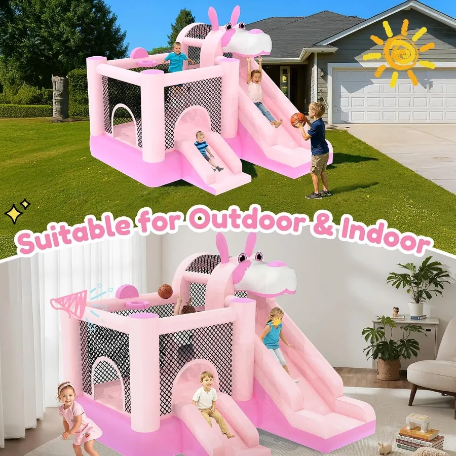 Opblaasbaar springkasteel dubbele glijbaan, 9,5ft x 9,5ft springkasteel voor kinderen, robuuste 840D Oxford-stof, 3-8 jaar, inclusief 450