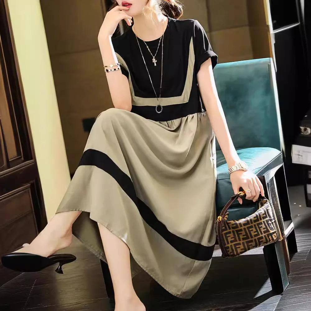 

New Spring and Summer Elegant High-End Color-Contrast Lazy Style Women's Plus Size Short-Sleeve Loose Simple A-Line Long Dress
