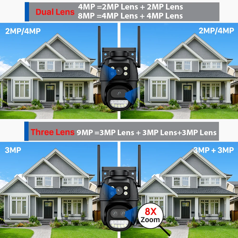 Abuntu 9mp Ptz Wifi Camera 8x Digitale Zoom Dubbele Schermen Wifi Bewakingscamera Nachtzicht Cctv Beveiligingscamera Icsee App