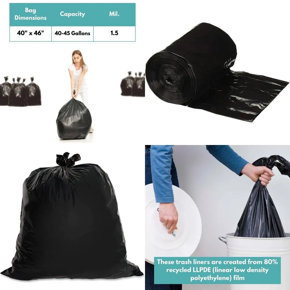 

40-45 Gallon Heavy-Duty Black Trash Bags, 200 Pack, 1.5 Mil, for Commercial Use, Kitchen, Warehouse, Office, Janitorial, Can Lin