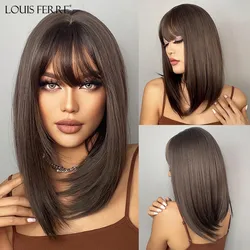 LOUIS FERRE Dark Brown Straight Natural Hair Medium Length Synthetic Wigs for Black Women Daily Cosplay Heat Resistant Fiber Wig