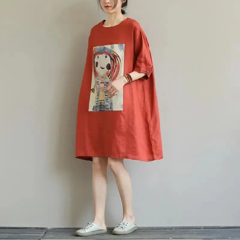 Women Y2K Printed Casual Tunics Summer Loose Simple Cartoon Chic T-shirts Female Cotton Linen Korean Style Pullovers