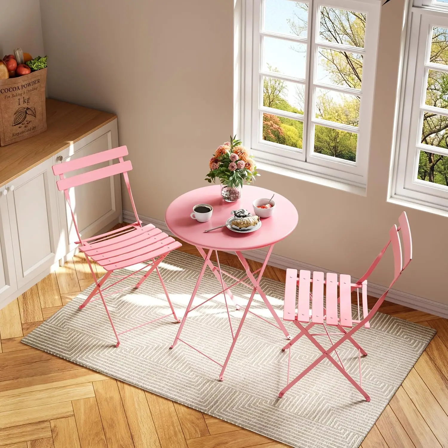 

3-Piece Pink Outdoor Folding Table and Chairs Set, Weather Resistant for Backyard Balcony Garden