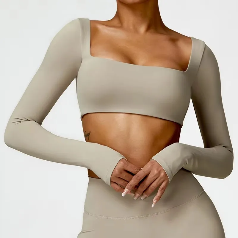 

New Women Jacket Quick Dry Sportswear Women Square Neck Gym Top Women Fitness Sports Crop Top Female Long Sleeve Yoga Clothing