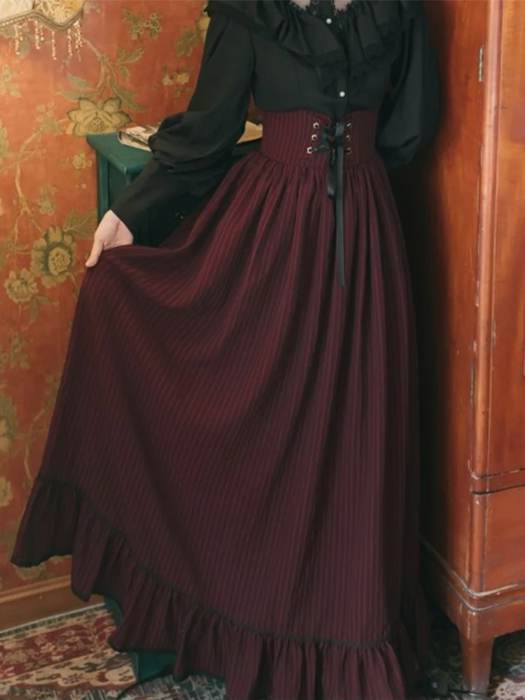 french-elegant-court-retro-y2k-women's-skirt-red-patchwork-corduroy-long-skirt-korean-fashion-a-line-female-design-woman-clothes