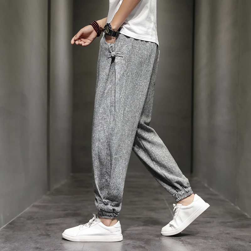 Spring and Summer Trend Disc Buckle Harem Pants Mens Breathable Cotton Pants for Men Buckle Casual Bloomers Fashion Trousers