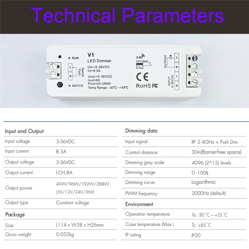 AA01-RF Mini Style LED Dimmer KIT Indoor Lighting 12V 24V 1CH Single Color LED Dimming Controller