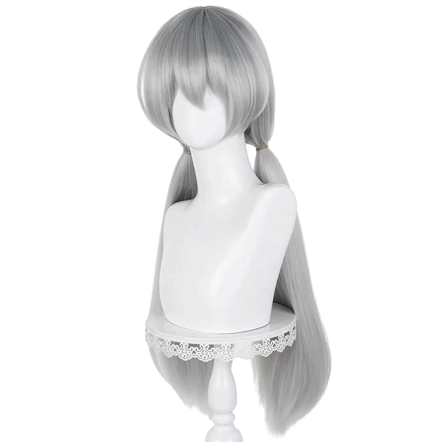 Aicos Long Gray Ponytail Wig for Women Silver Grey Cosplay Wig with Two Ponytail Wig for Halloween Costume Party