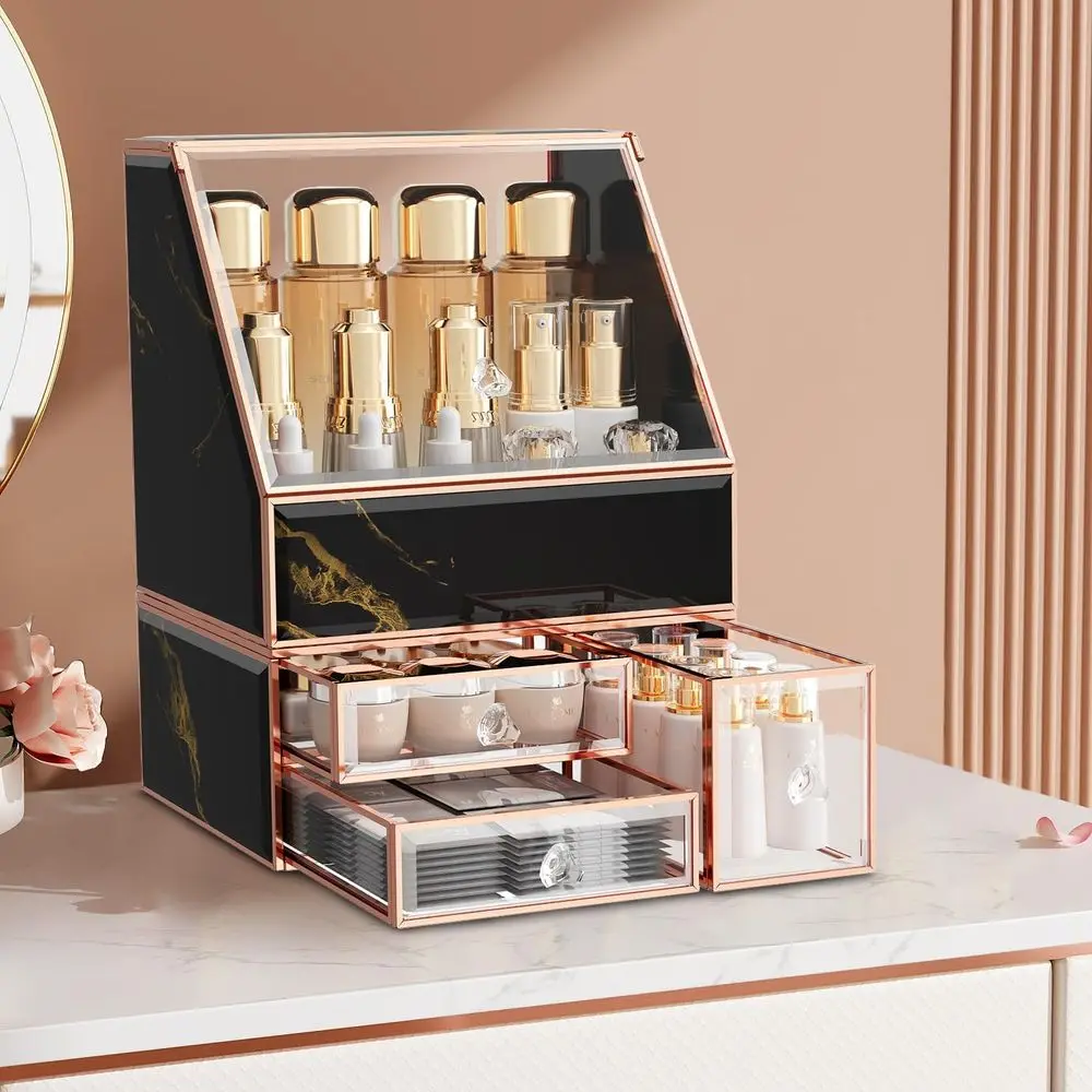 

Makeup Organizer for Vanity, Black Makeup Organizer with Drawer, Skincare Holder for Bathroom Countertop,Cosmetic Display Case f