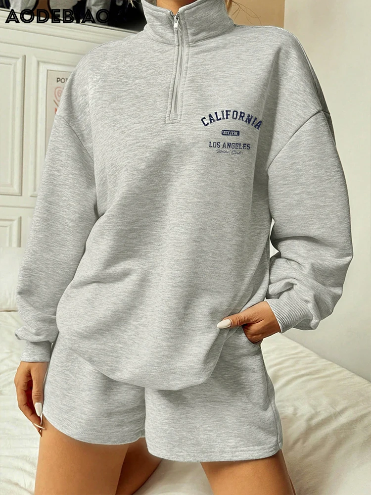 AODEBIAO Grey Sports Hoodie Women Autumn Winter Long Sleeves Fashion Print Hoodie Casual Streetwear Turtleneck Long Hoodie Women