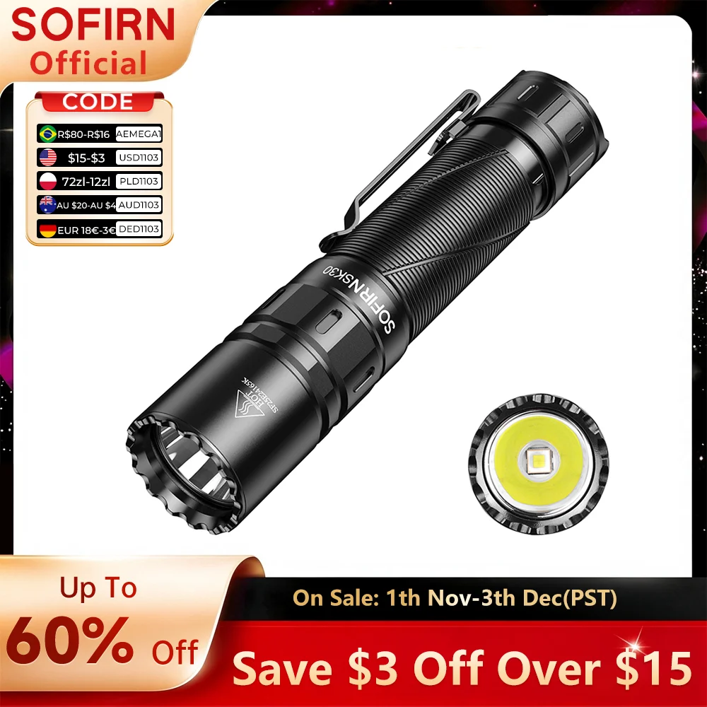 SOFIRN SK30 3000LM Tactical Flashlight 6000K SFT70 LED Light 21700 USB C Rechargeable EDC Torch with Double Switch