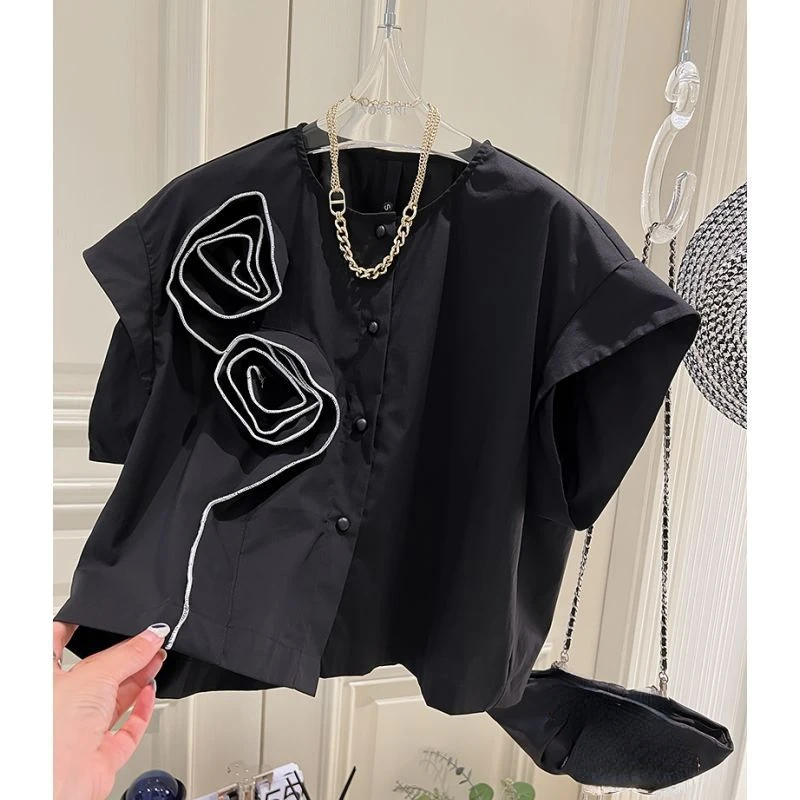 3D Flower Round Neck Small Shirt for Women 2024 Summer New Shirts Blusas Femininas Elegantes White Blouse Pleated Tops Doll