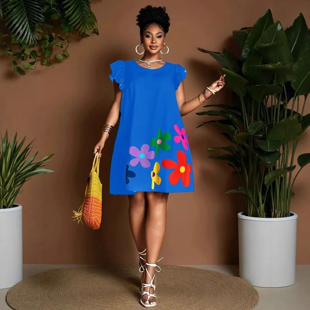 Women's 2026  Round Neck Printed Casual Dress with Flying Sleeves A-Frame Design Spring Summer Fashionable Clothing