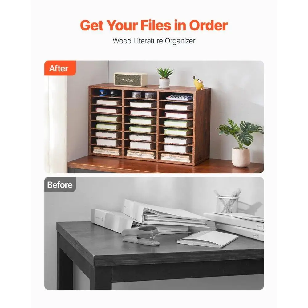 24 Compartment Wooden Mailbox Organizer Particle Board Storage Office Classroom File Sorter Dark Brown Document Holder