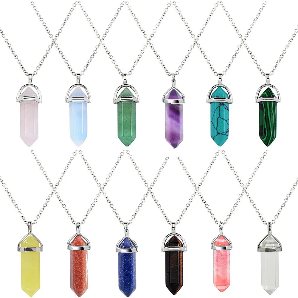 Natural Stone Hexagonal Column Quartz Pendant Necklaces Healing Crystal Amethyst Lapis Lazuli Fashion Gem Jewelry Gift Wholesale