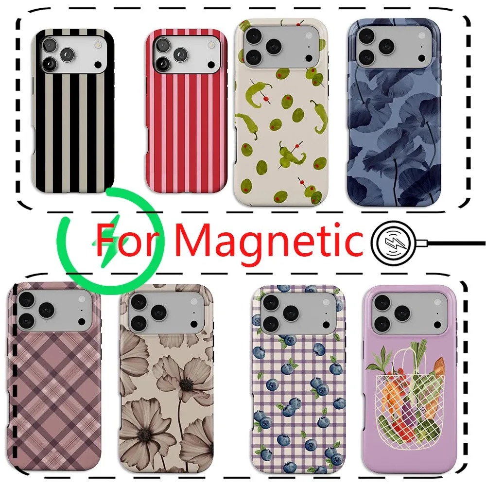Étui de téléphone magnétique de luxe pour iPhone 18 17 16e 16 15 14 13 12 11 Air Pro Max Plus, double couche, motif fruits frais et floral