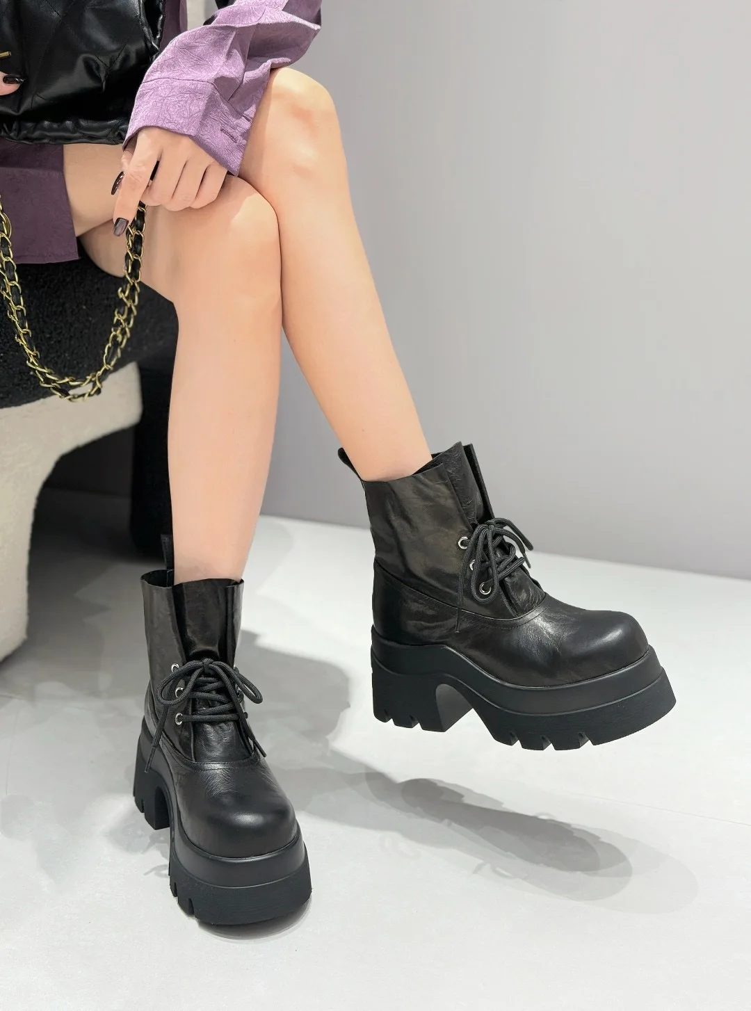 Women Ankle Boots Motorcycle Short Booties High Heel Genuine Leather Retro Shoes Autumn Spring Platform Luxury Design vulcanize