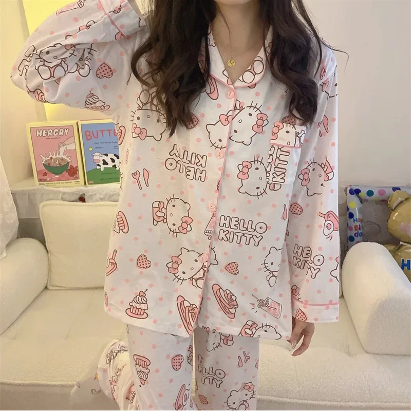 Cute Sanrio Hello Kitty Cinnamoroll Pajamas Set Kuromi for Woman Cotton Long Sleeve Sleepwear Suit Sexy Home Wear Clothes Girl