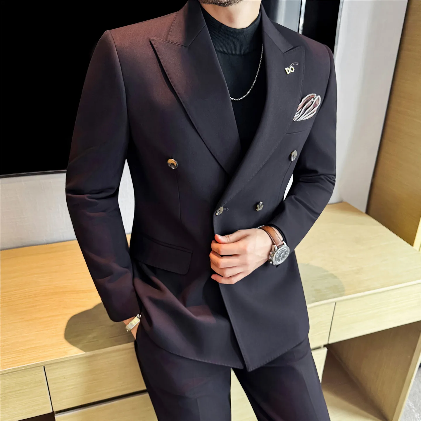 

High-quality wedding casual haute couture dark striped fabric double-breasted suit two-piece suit and trousers set