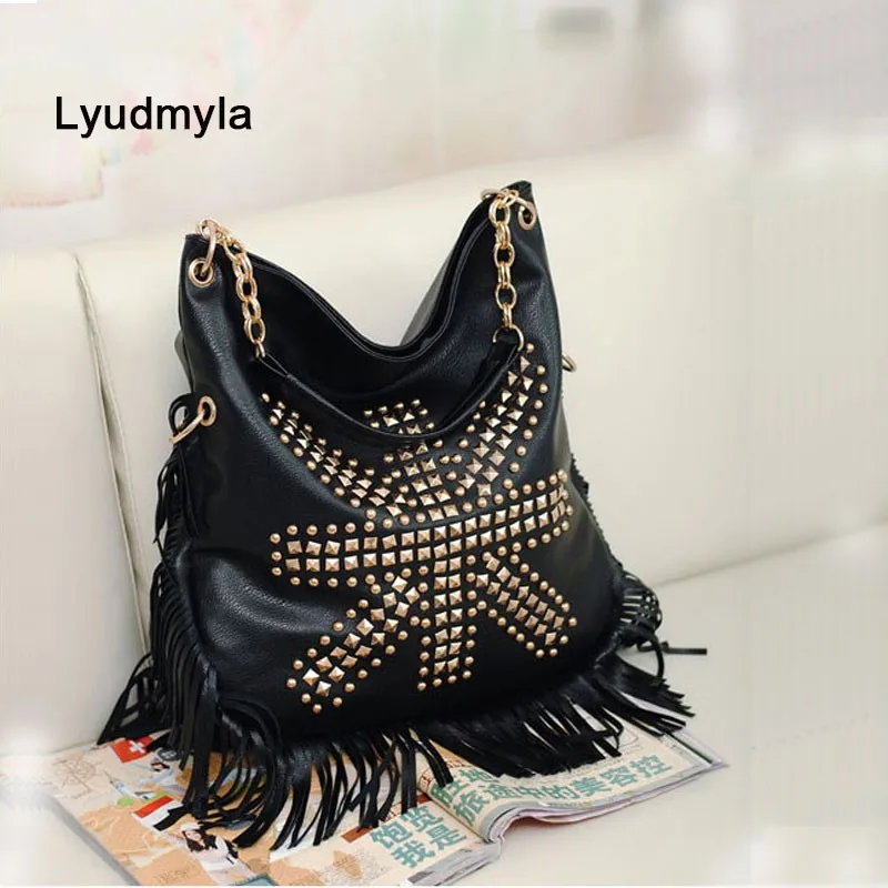 

Punk Tassel Hobo Bags Large Black Handbags Fringe Leather Bag Designer Vintage Rivet Shoulder Bags Women Big Causal Handbag Soft