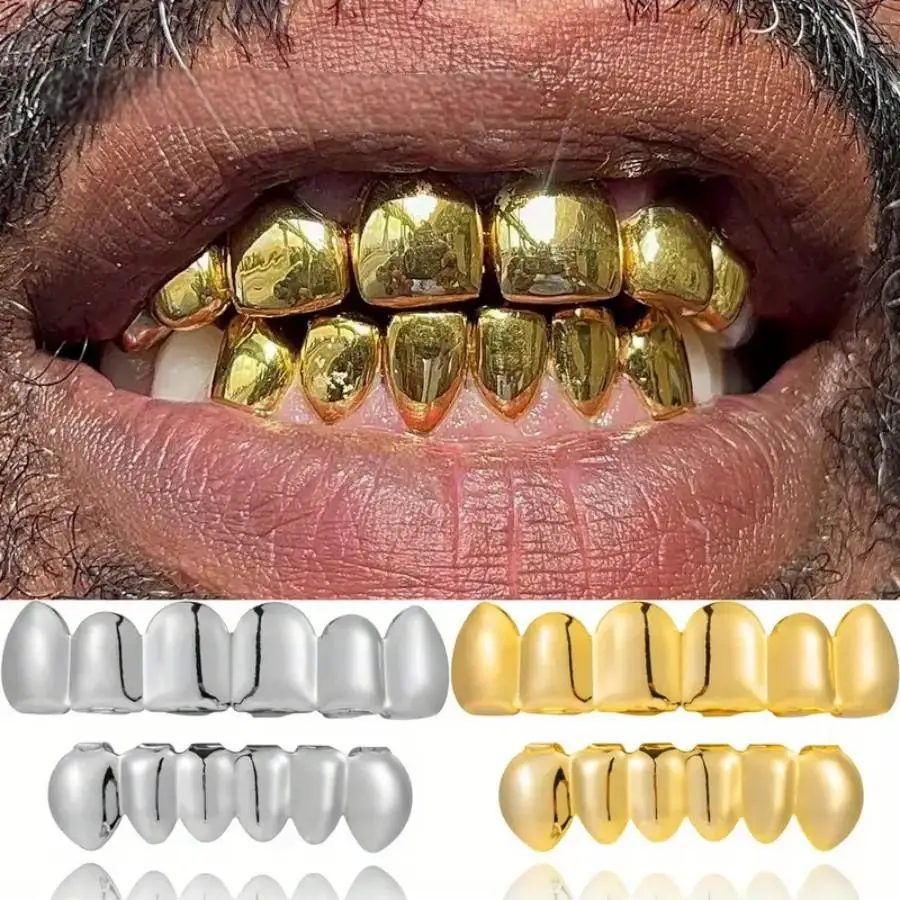 Hip Hop 6/6 Teeth Grills Hip Hop 18K Gold Plated Tooth Caps Decor Braces Punk Cosplay Party Braces For Fashion Women Men Jewelry