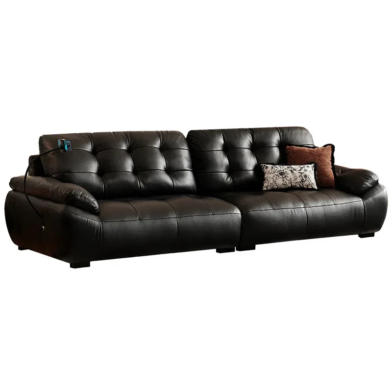

Italian minimalist, multi-functional living room first layer cowhide cloud leather sofa, black retro leather sofa