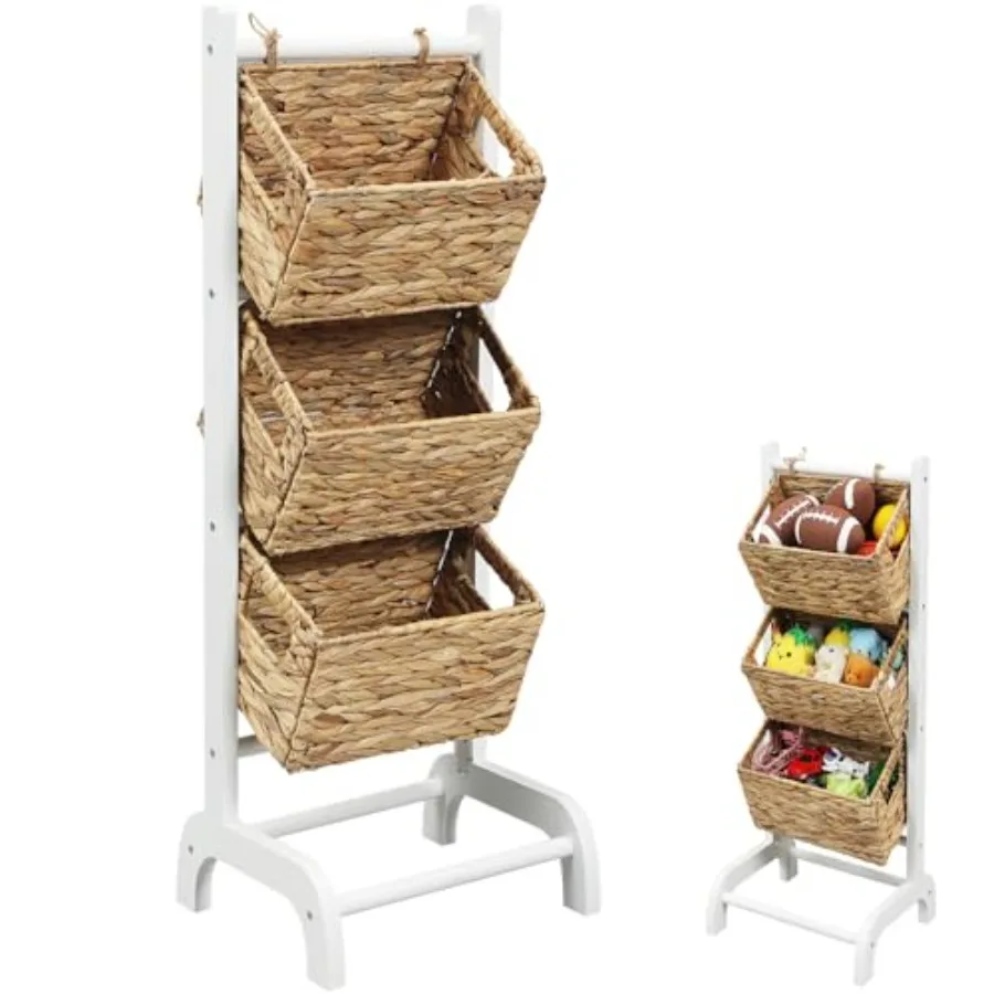 

Wicker 3 Tier Foldable Storage Basket Floor Rack with Market Storage Basket Water Hyacinth Storage Rack Hand Woven Laundry Rack