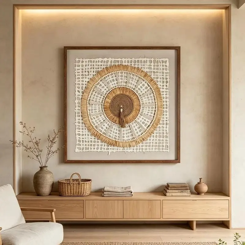 Wabi Sabi Boho Natural Fiber Woven Wall Art Handmade 3D Texture Earth Tone Square Hanging Decor for Villa Hotel