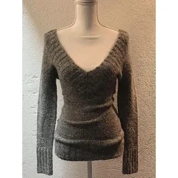 Deeptown Sexy Knitted Pullovers Women V-neck Vintage Early Y2k Grunge Sweaters Mujer Autumn Fashion Long Sleeve Pullovers Slim