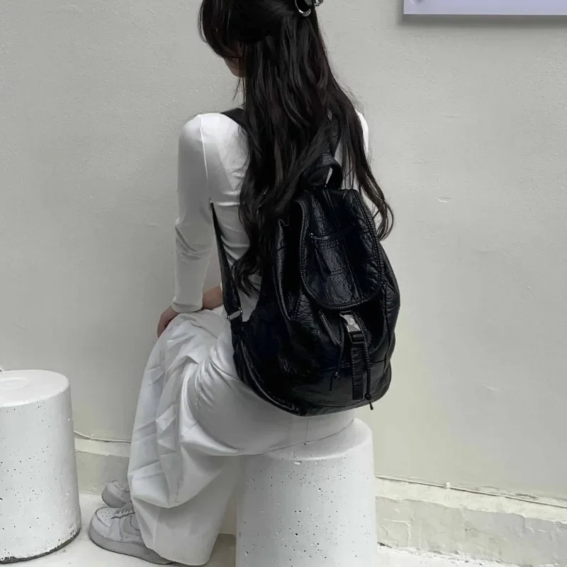 Xiuya Pure White Womens Backpack Vintage Leather Soft Washed American Style Backpack College Style Large Capacity New Travel Bag