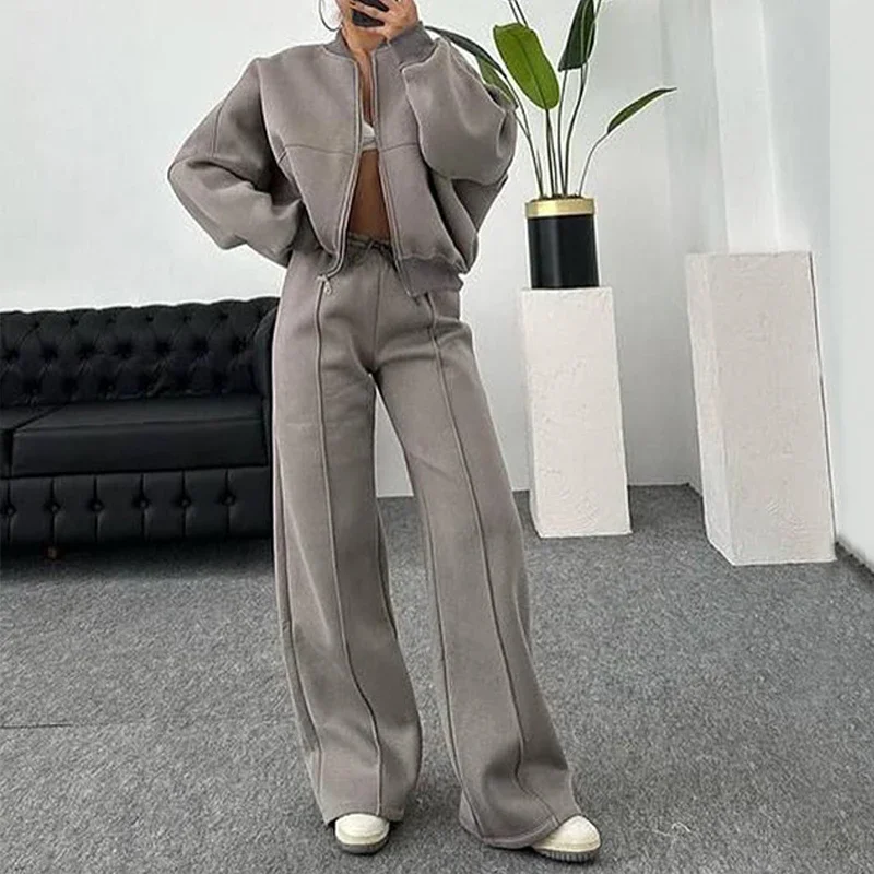 

DSMTRC Fashion Streetwear Matching Pants Sets for Women's Autumn Sweatshirt+Drawstring Trousers Casual Two Piece Brown Tracksuit