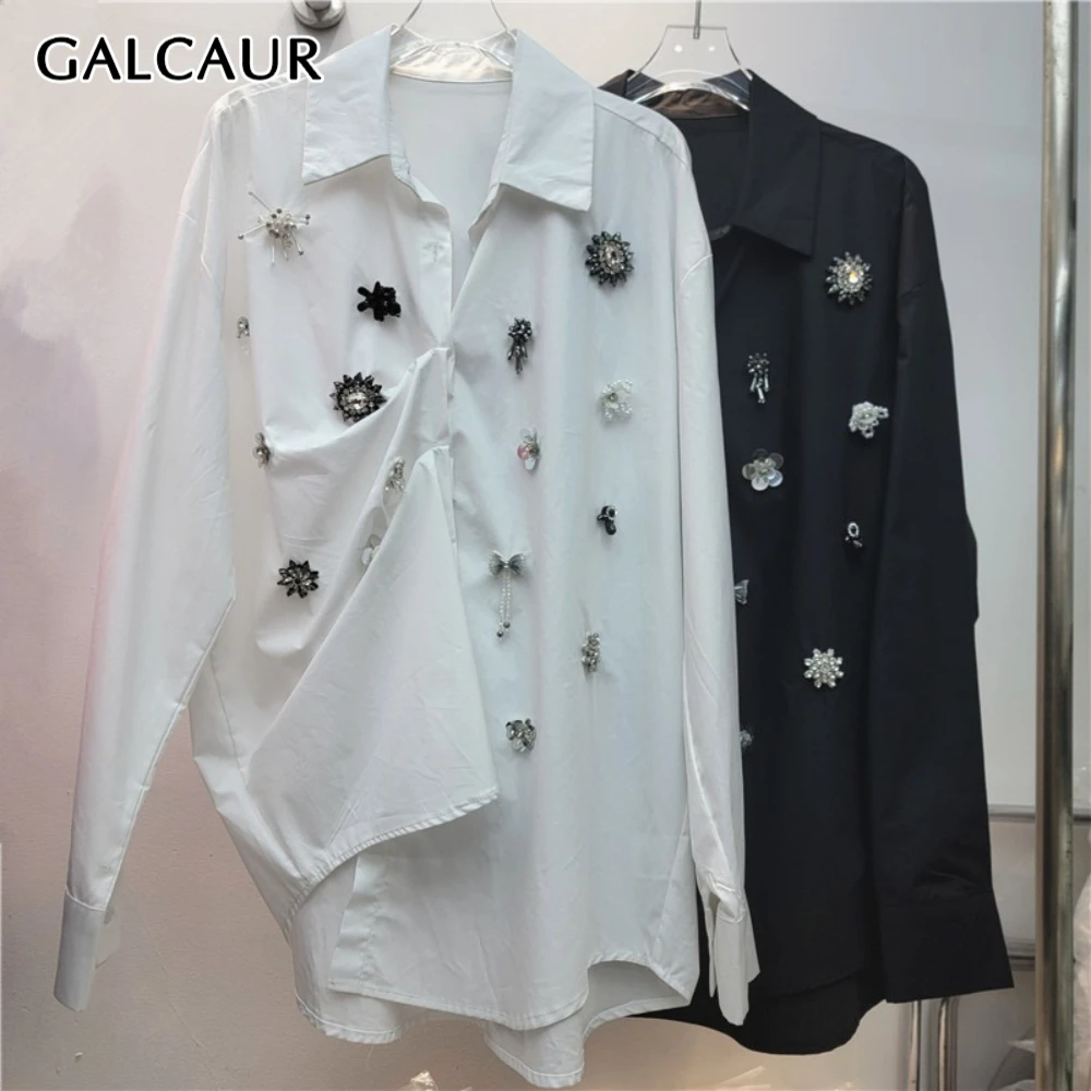 

GALCAUR однотонная шикарная рубашка с бриллиантами, женская свободная рубашка с лацканами и длинными рукавами, роскошные повседневные женские рубашки, осенняя модная стильная новинка