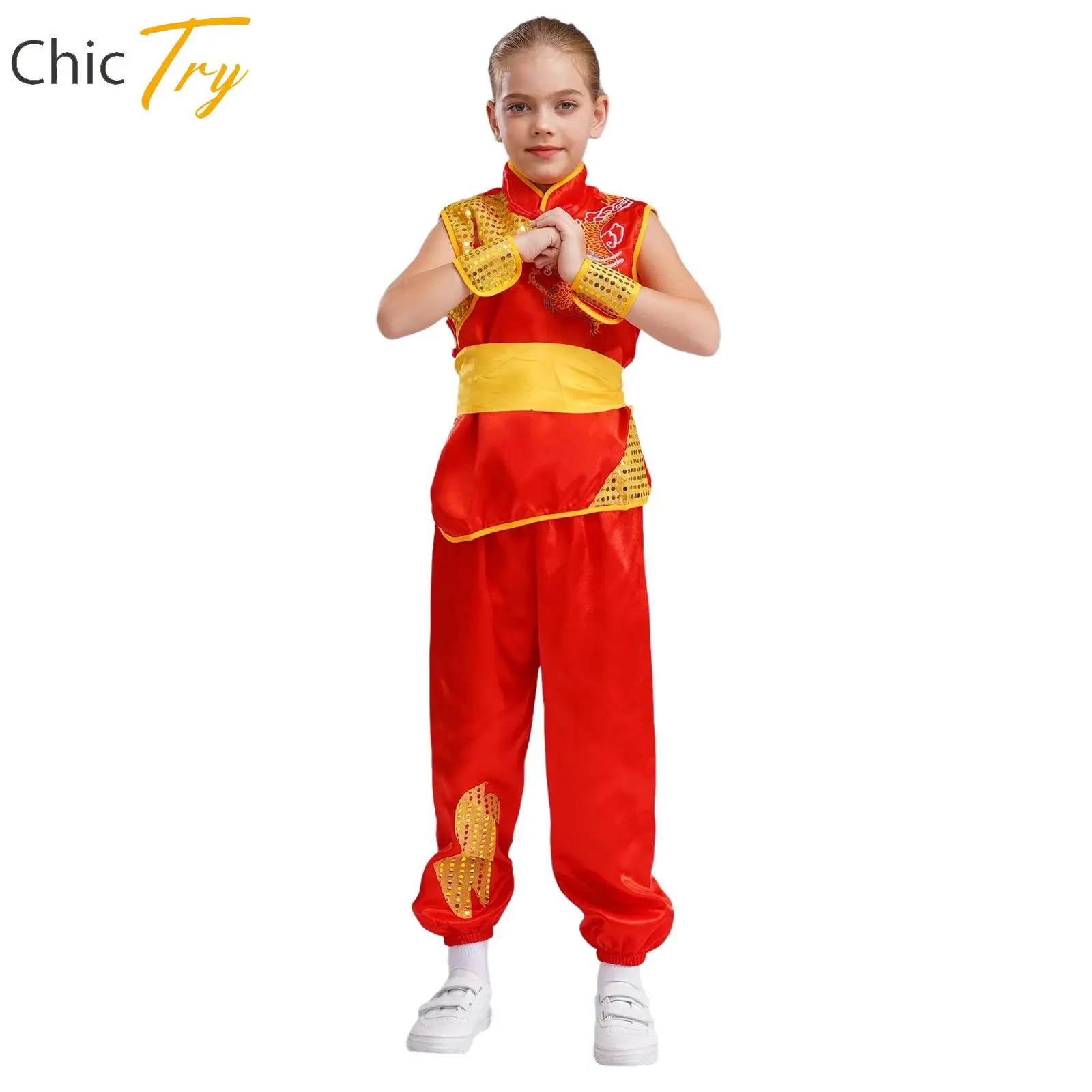 

Boys Girls Satin Kung Fu Outfit Martial Arts Performance Costume Short Sleeve Top Pant Belt Cuffs Set Halloween Cosplay Costumes