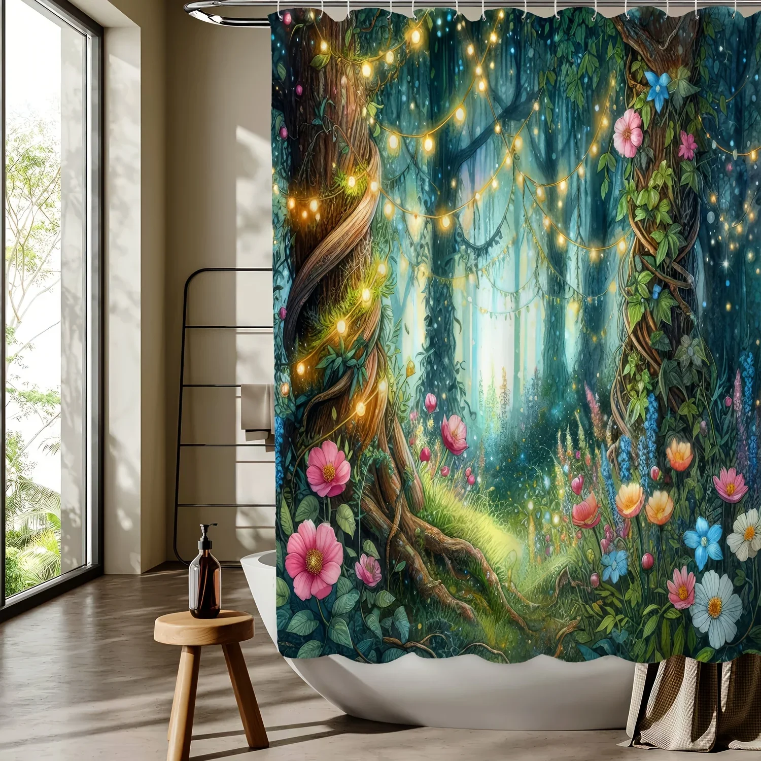 

~O~Занавеска для душа с цифровым принтом Fantasy Forest, бесплатный крючок в комплекте, моющаяся машина, двусторонний полиэстер, всесезонная ванная комната De